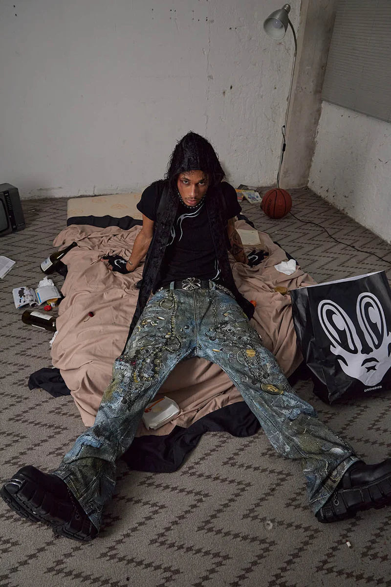 WRECKED CHAIN DENIM PANTS