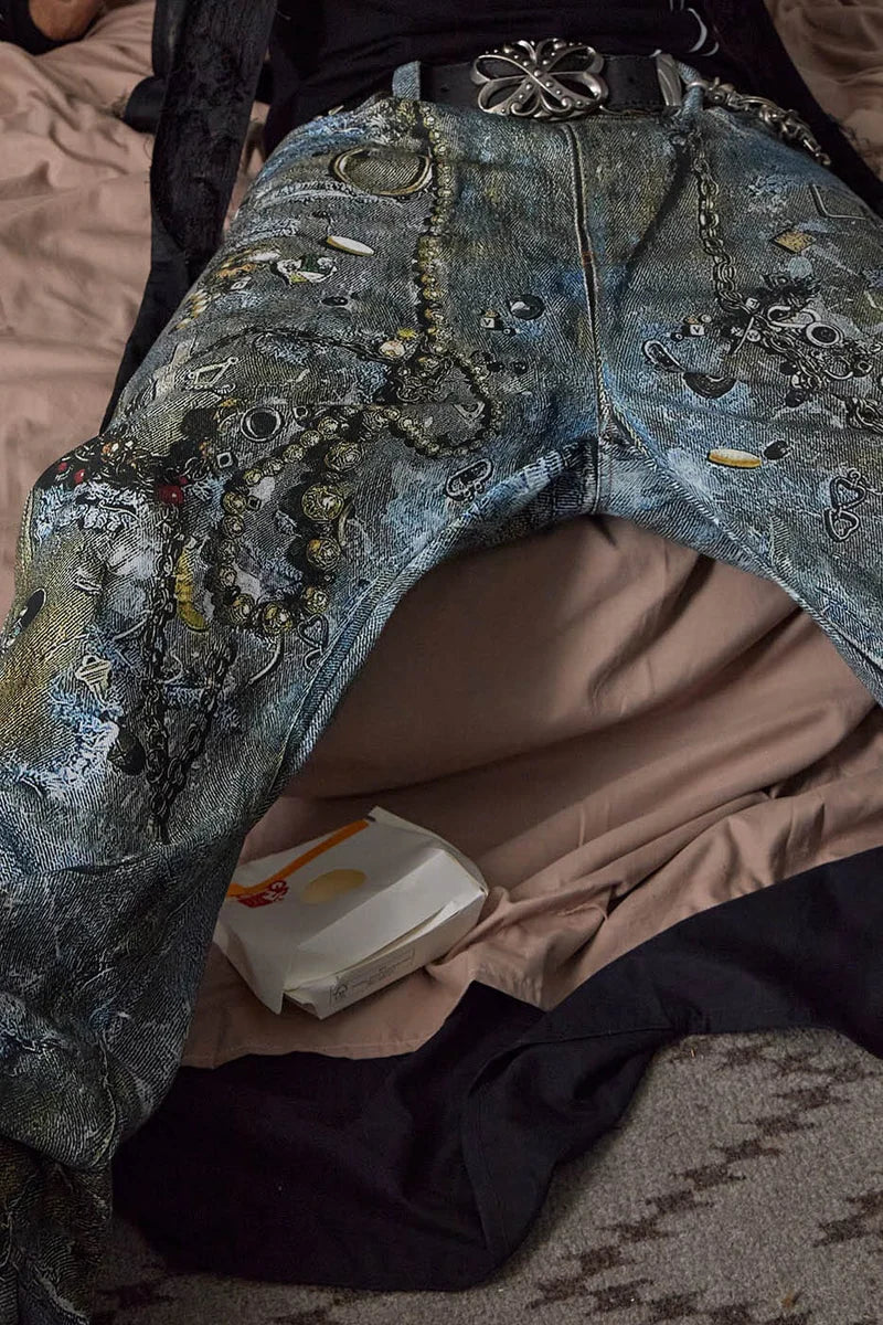 WRECKED CHAIN DENIM PANTS