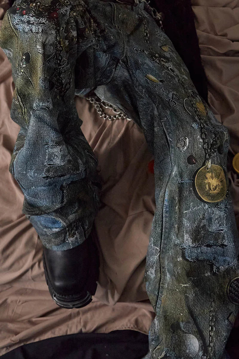 WRECKED CHAIN DENIM PANTS