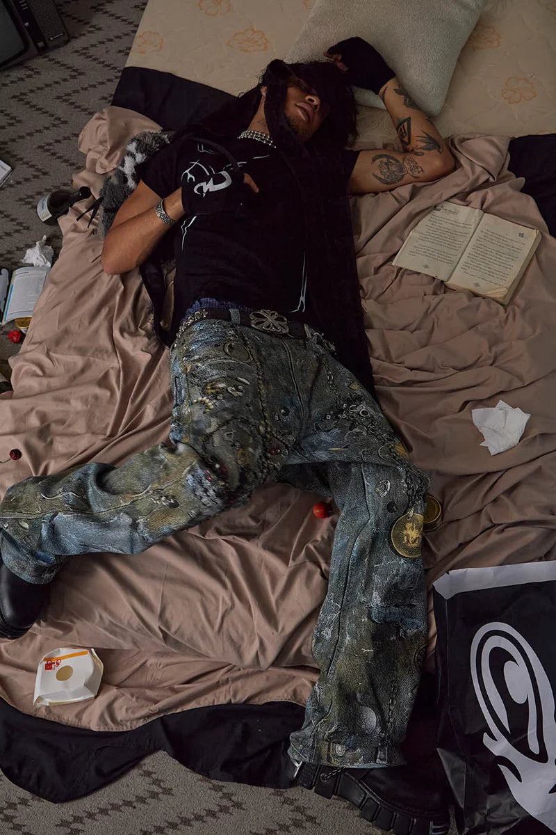 WRECKED CHAIN DENIM PANTS