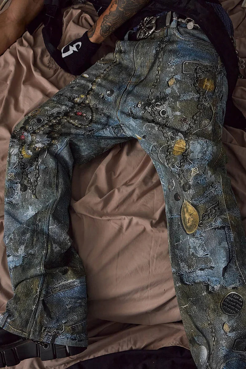 WRECKED CHAIN DENIM PANTS