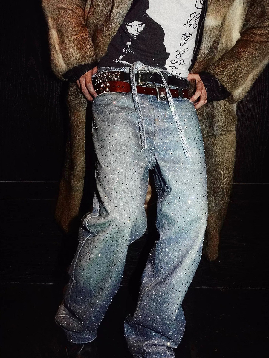 RHINESTONES DENIM PANTS|ラインストーンデニム メンズ レディース RHINESTONES DENIM PANTS|ラインストーンデニム メンズ レディース