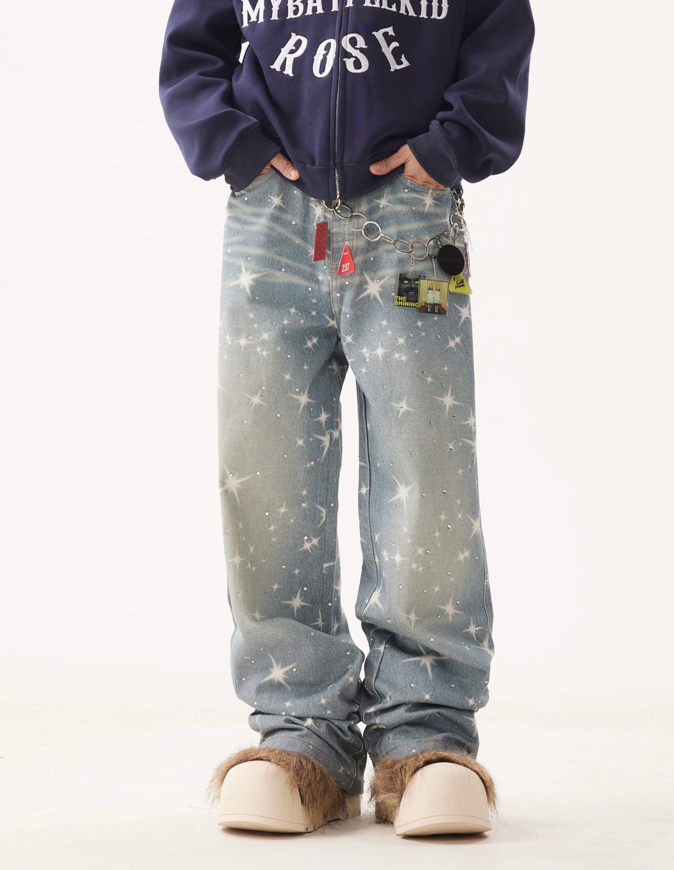 VINTAGE WASHED RHINESTONES STAR PRINT DENIM PANTS