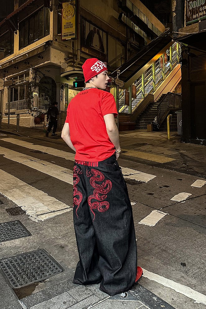 CRIMSON BAGGY DENIM PANTS
