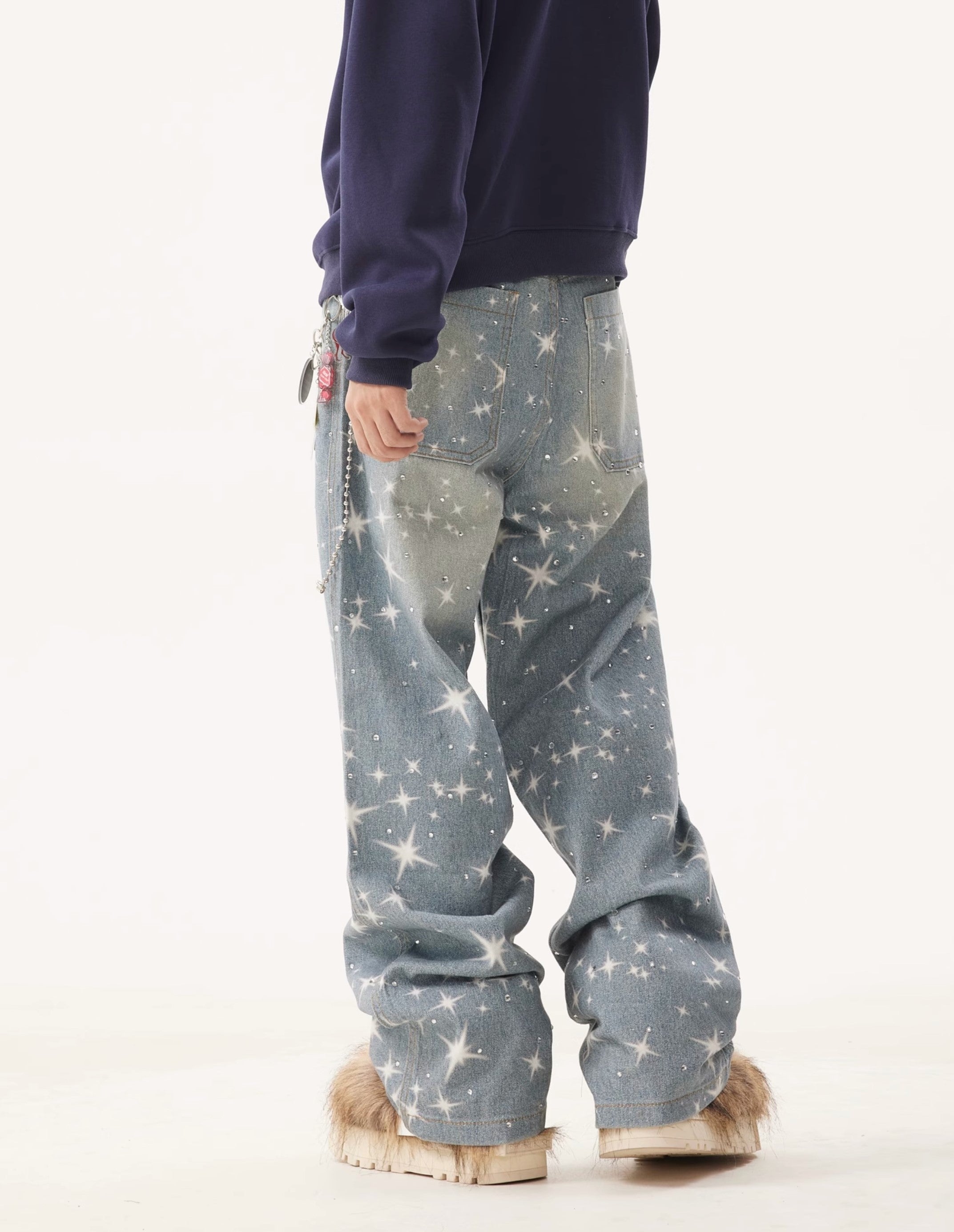 VINTAGE WASHED RHINESTONES STAR PRINT DENIM PANTS