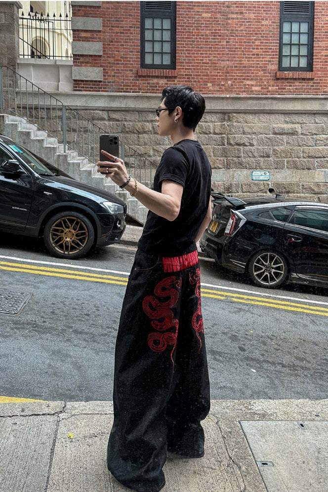 CRIMSON BAGGY DENIM PANTS