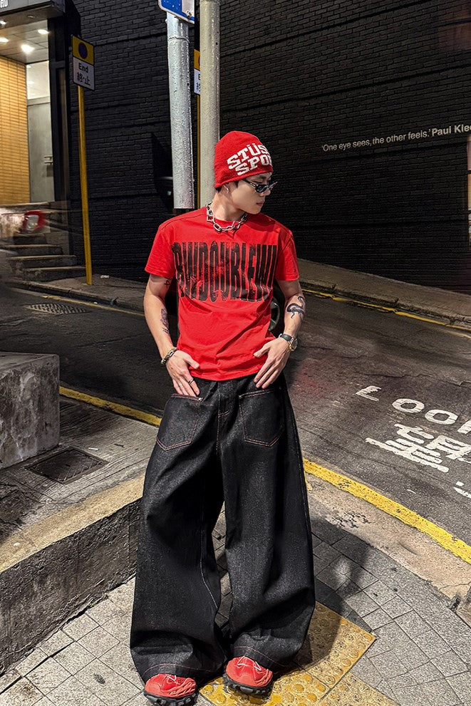 CRIMSON BAGGY DENIM PANTS