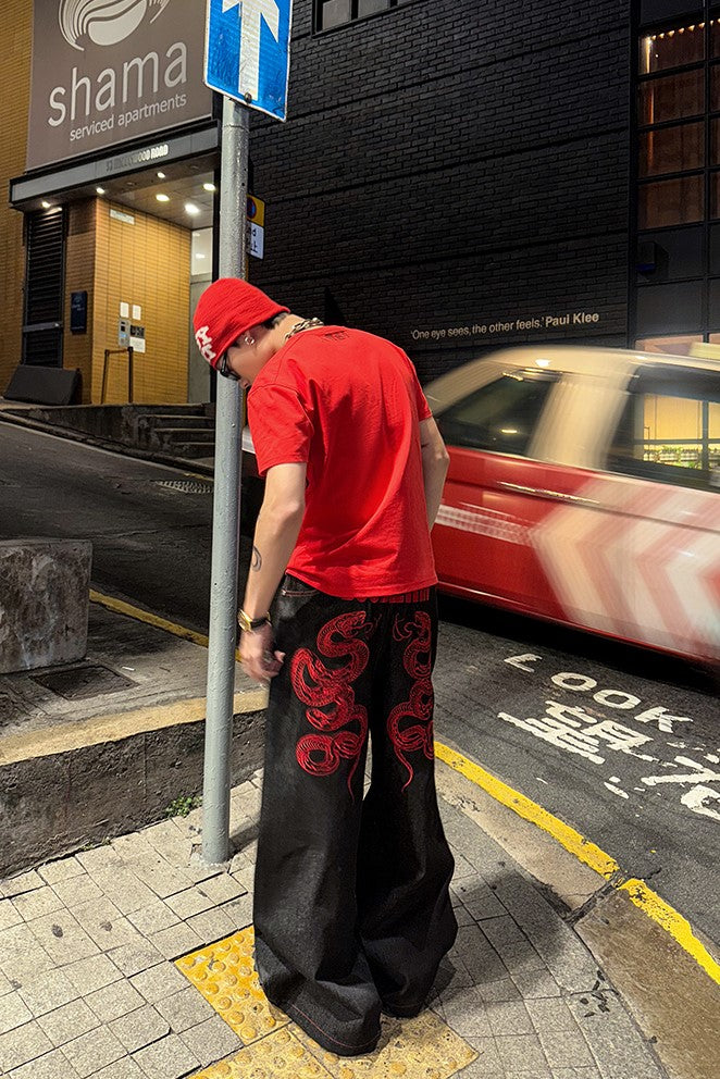 CRIMSON BAGGY DENIM PANTS