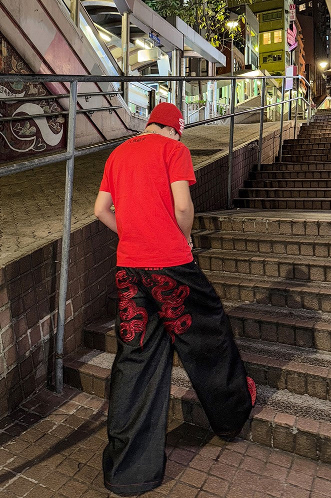CRIMSON BAGGY DENIM PANTS