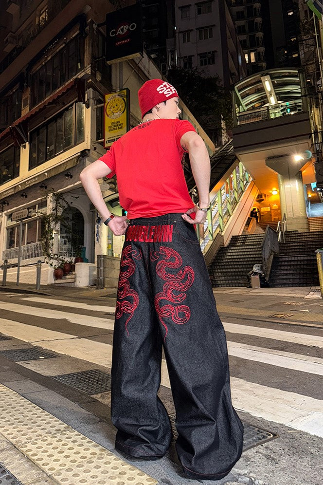 CRIMSON BAGGY DENIM PANTS