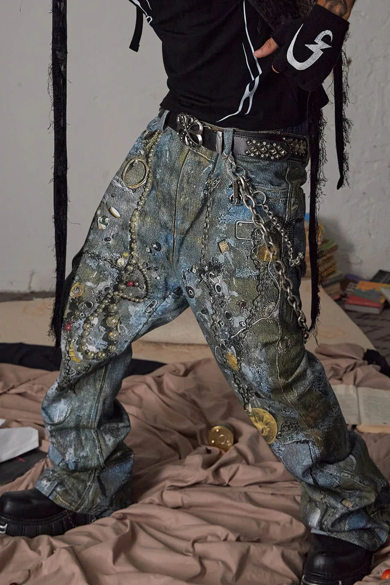 WRECKED CHAIN DENIM PANTS