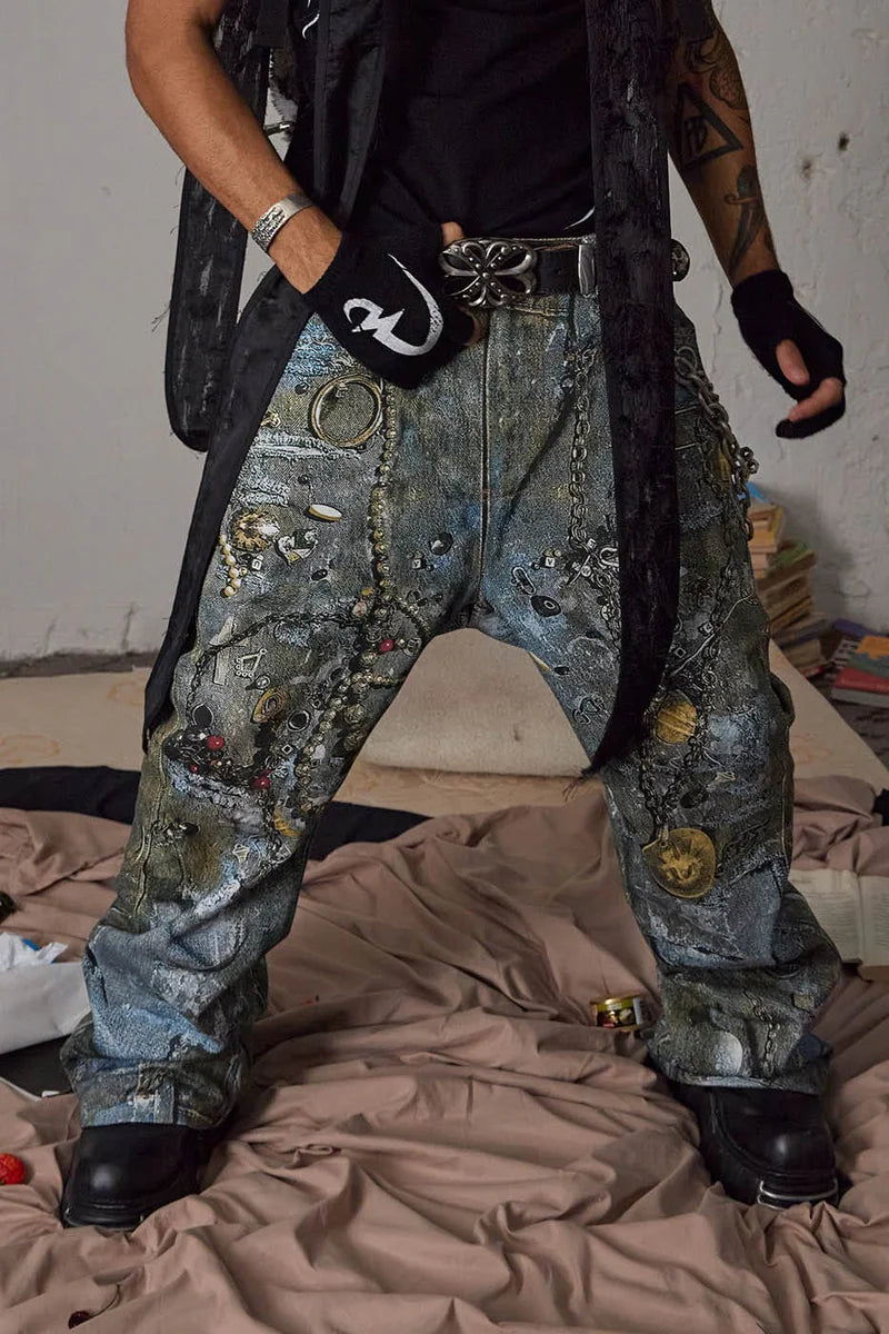 WRECKED CHAIN DENIM PANTS