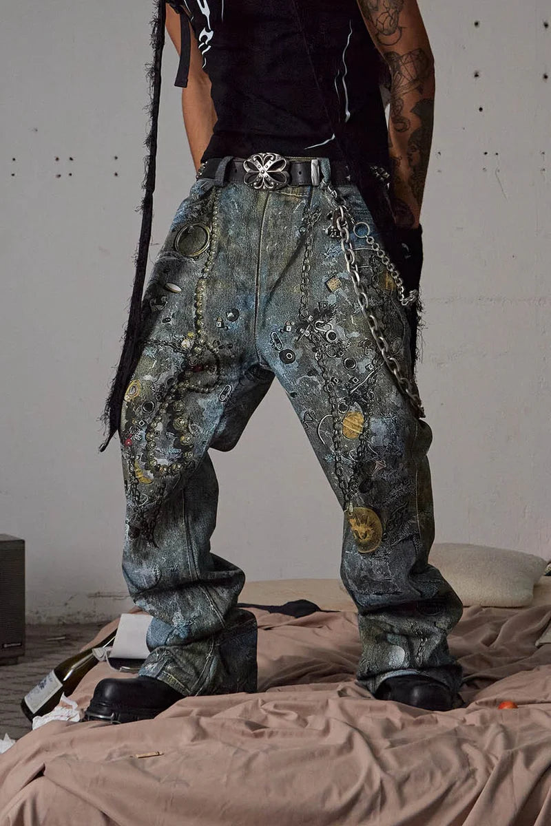 WRECKED CHAIN DENIM PANTS