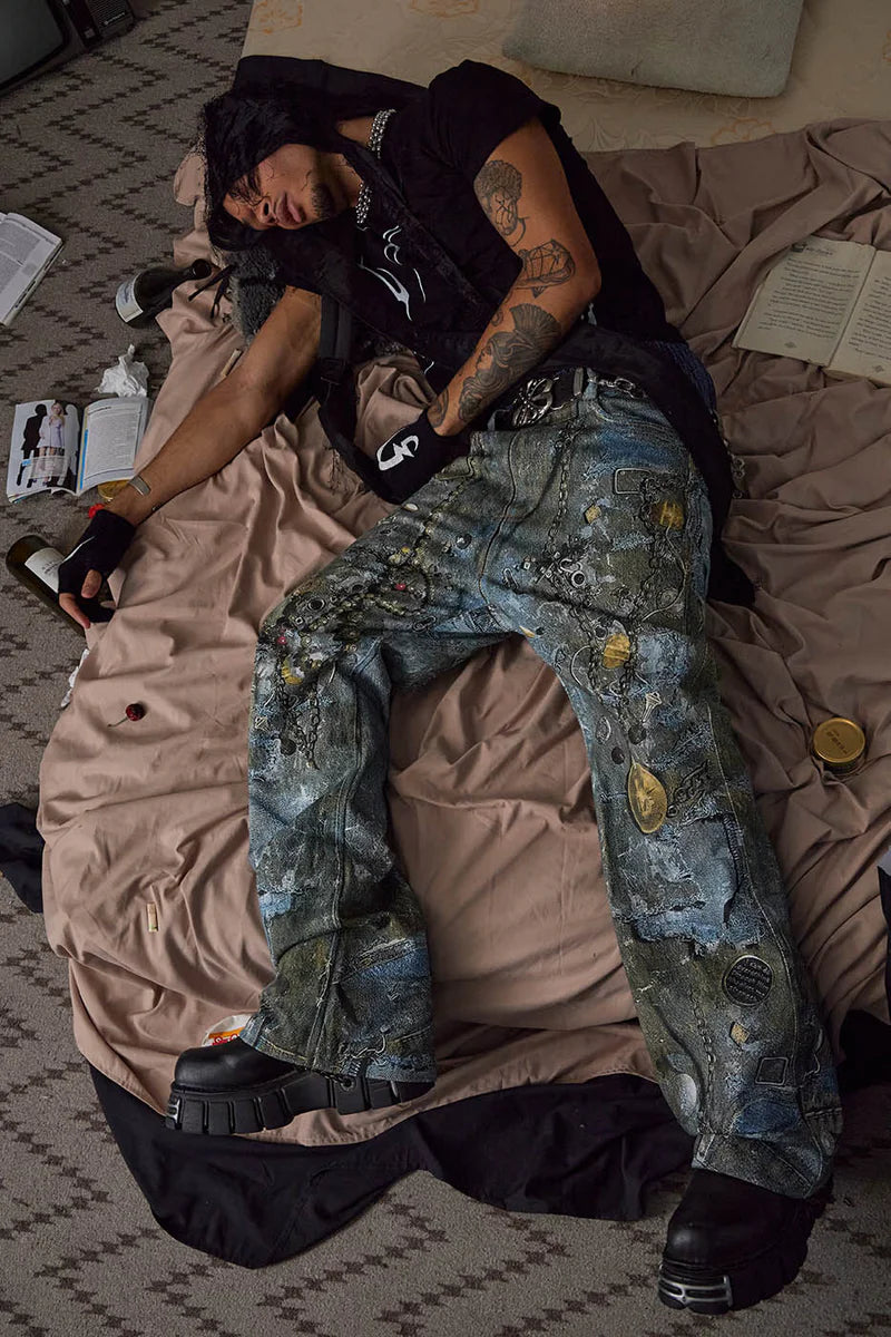 WRECKED CHAIN DENIM PANTS