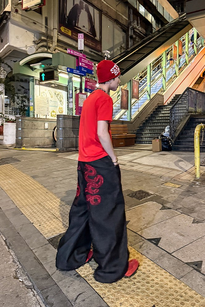 CRIMSON BAGGY DENIM PANTS