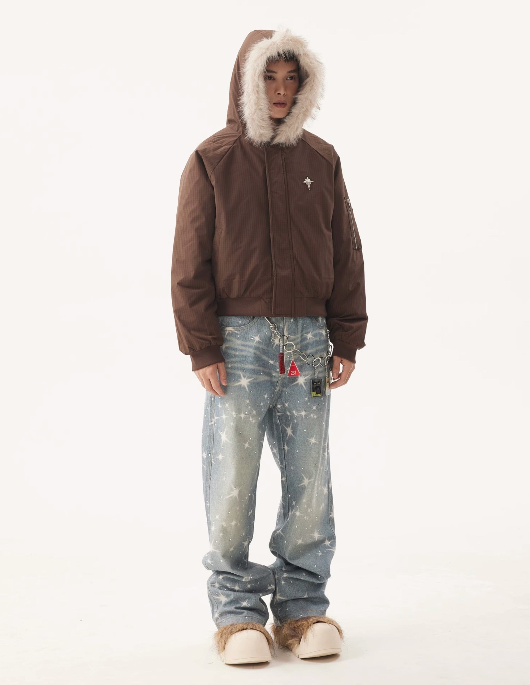 VINTAGE WASHED RHINESTONES STAR PRINT DENIM PANTS