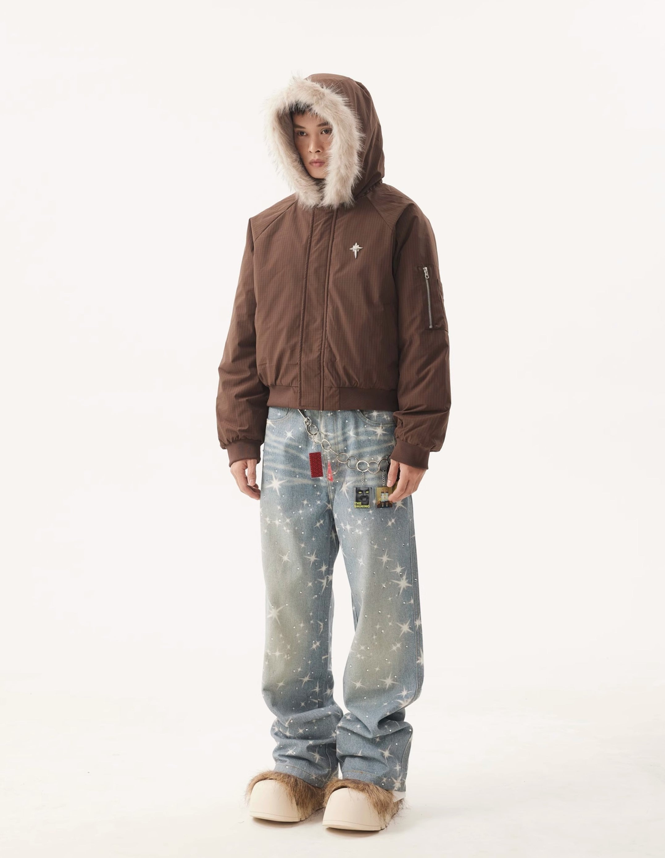 VINTAGE WASHED RHINESTONES STAR PRINT DENIM PANTS