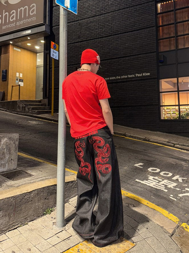 CRIMSON BAGGY DENIM PANTS