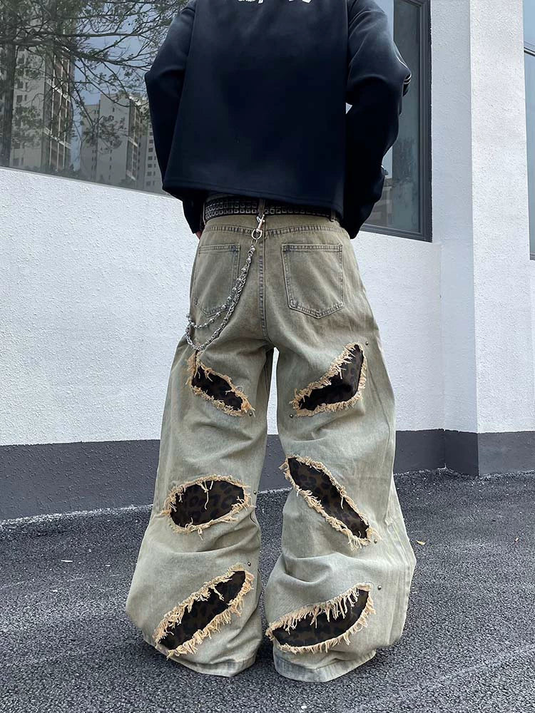 LEOPARD BAGGY DENIM PANTS
