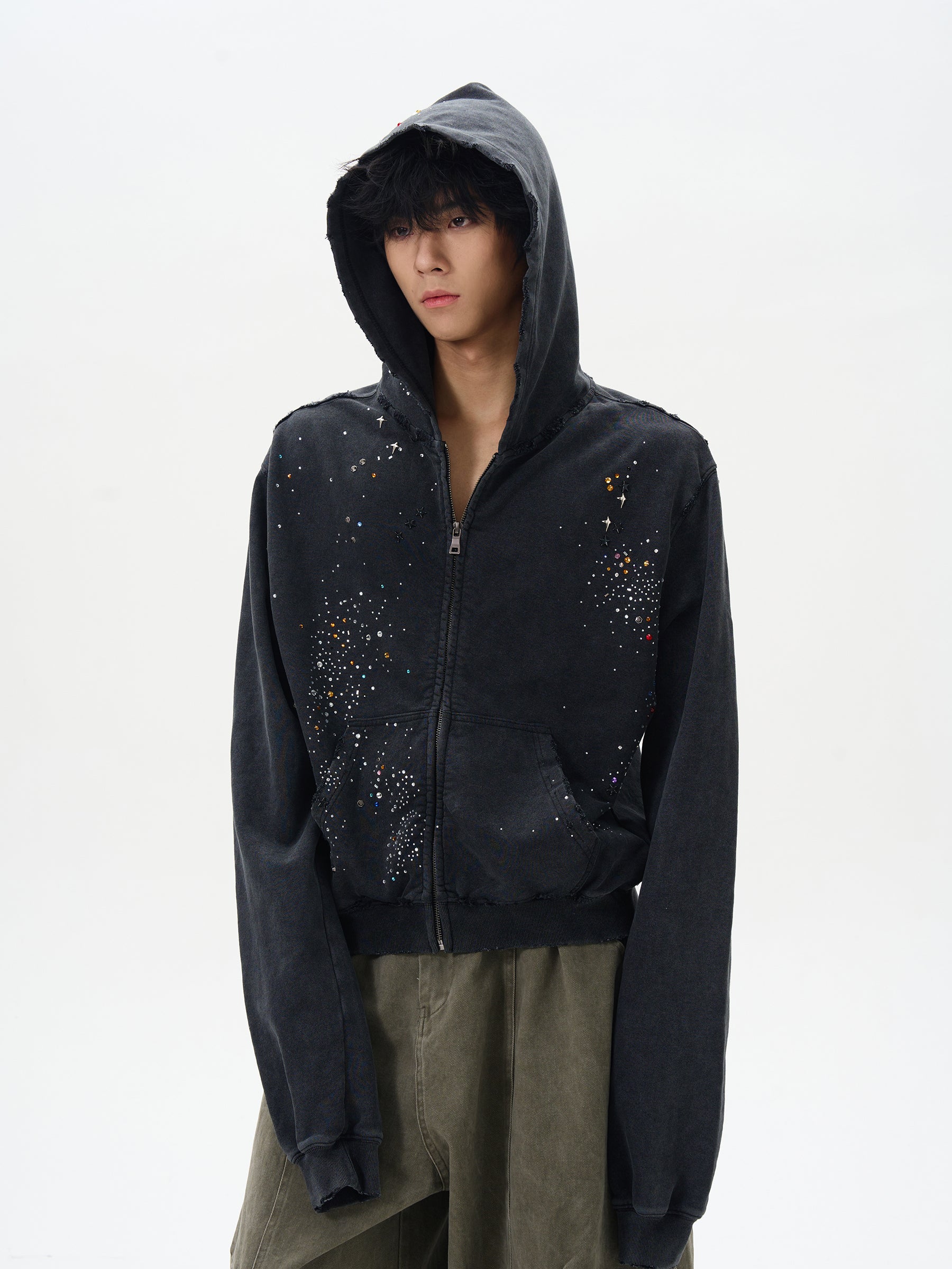 RHINESTONE DAMAGED ZIPPED HOODIE