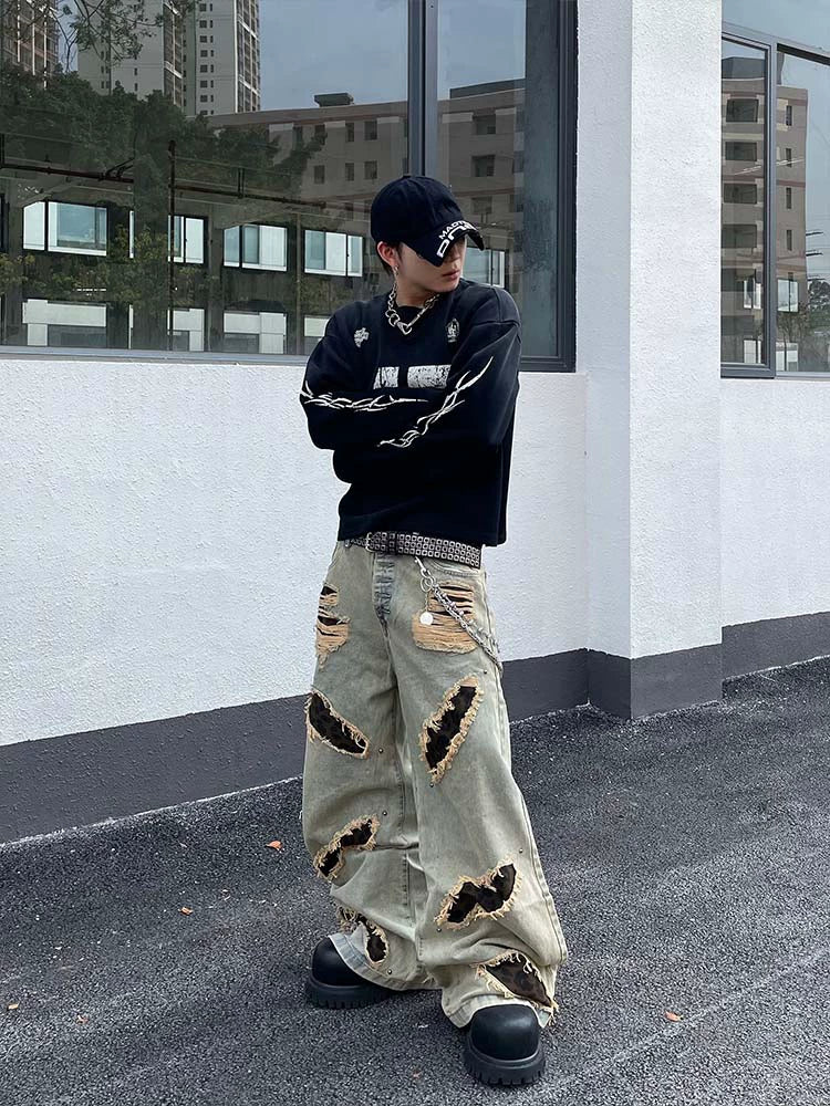 LEOPARD BAGGY DENIM PANTS