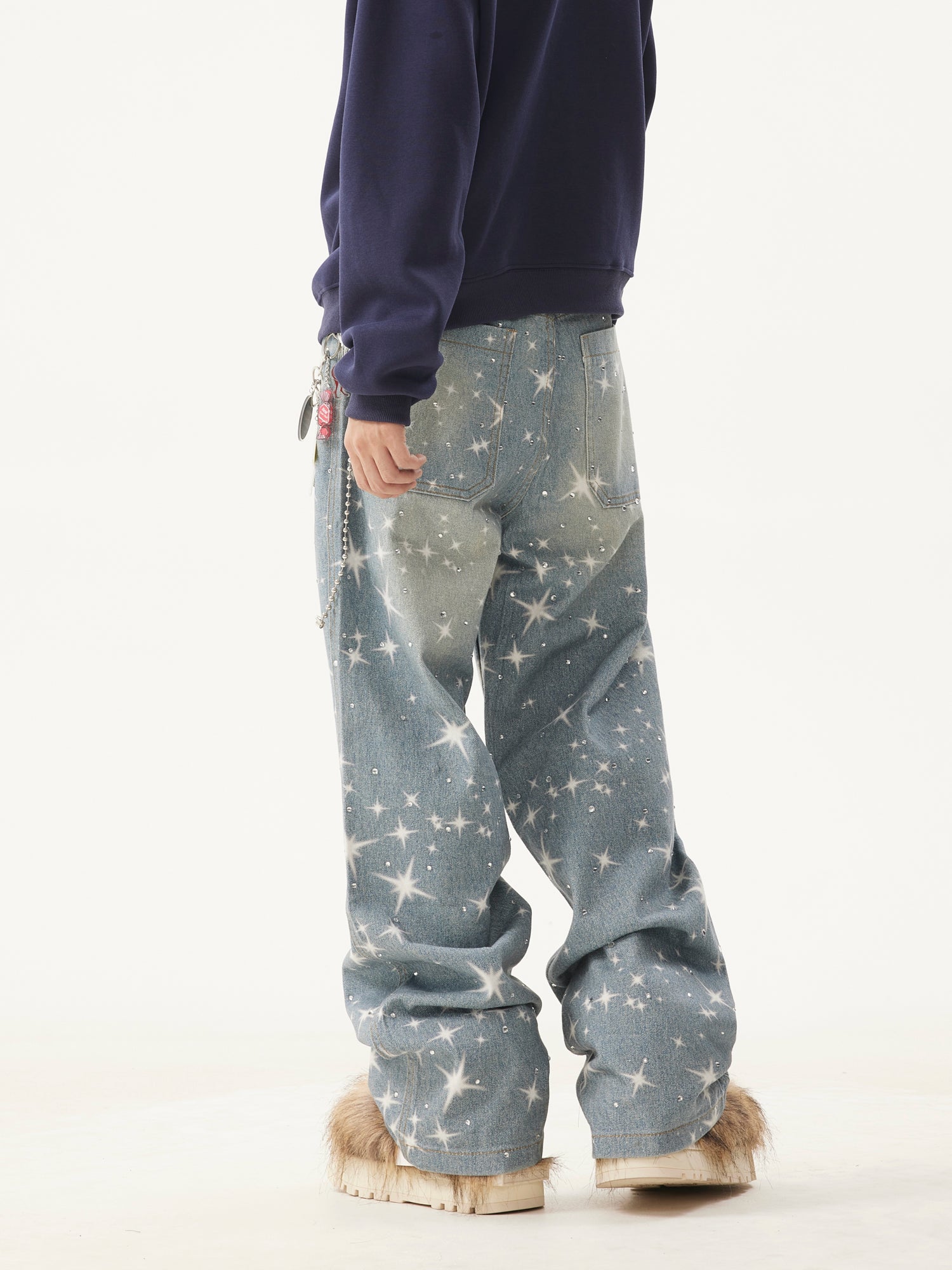 VINTAGE WASHED RHINESTONES STAR PRINT DENIM PANTS