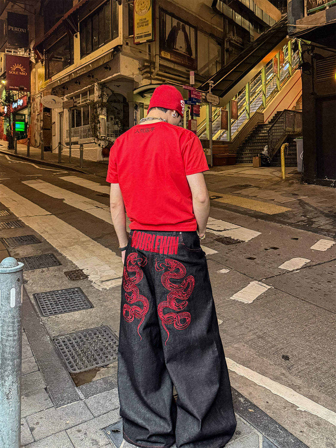 CRIMSON BAGGY DENIM PANTS