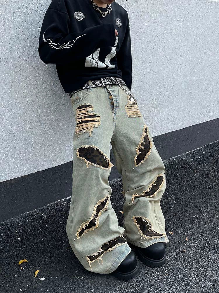 LEOPARD BAGGY DENIM PANTS