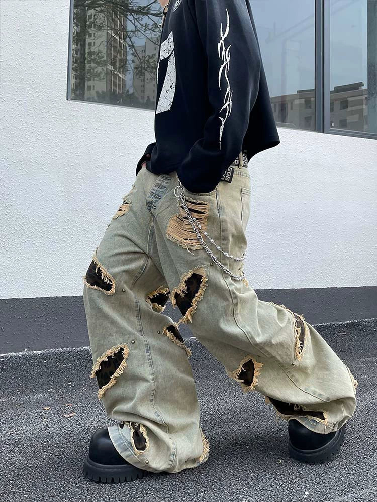 LEOPARD BAGGY DENIM PANTS