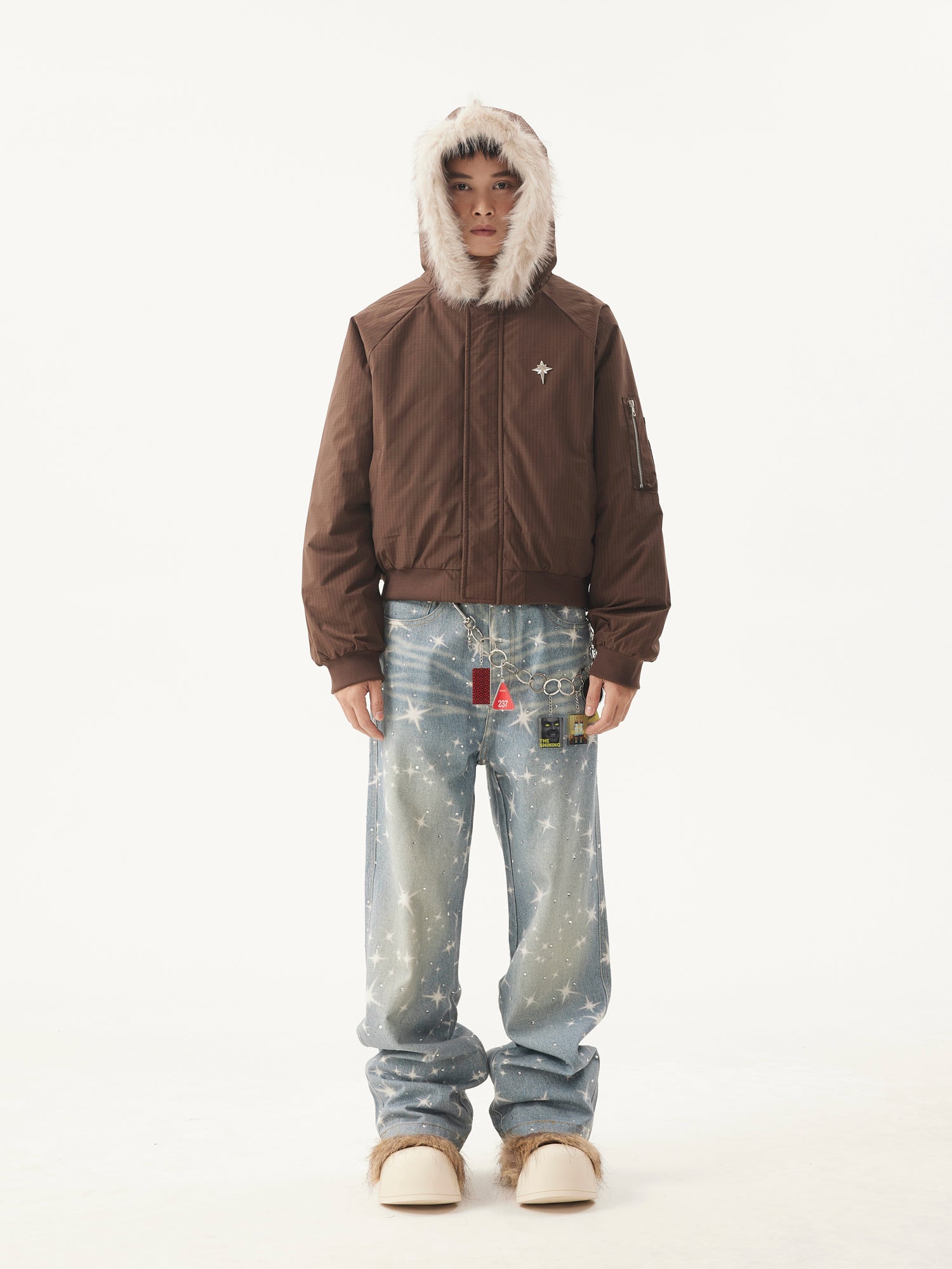 VINTAGE WASHED RHINESTONES STAR PRINT DENIM PANTS