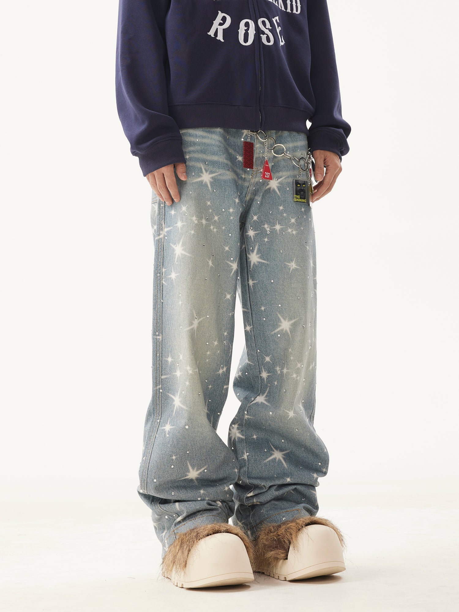 VINTAGE WASHED RHINESTONES STAR PRINT DENIM PANTS