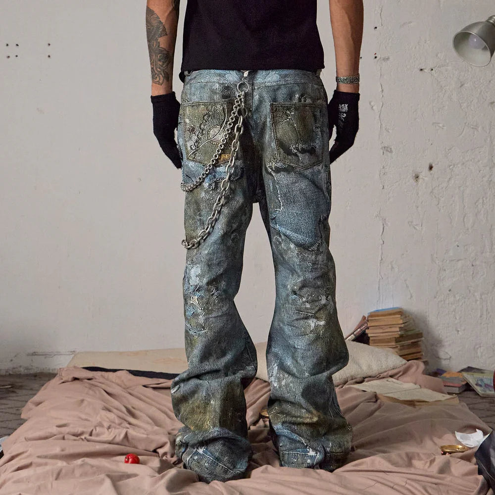 WRECKED CHAIN DENIM PANTS