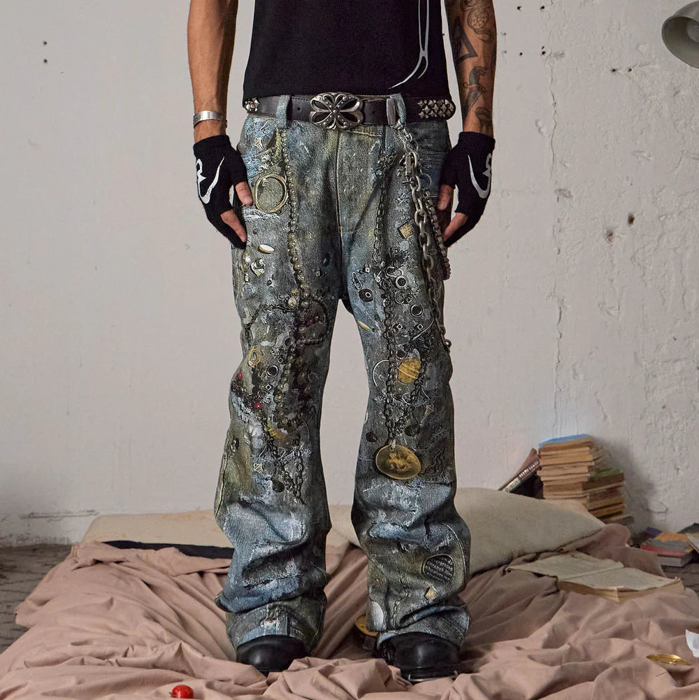 WRECKED CHAIN DENIM PANTS
