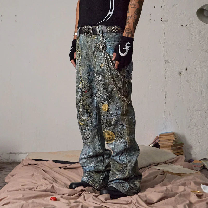 WRECKED CHAIN DENIM PANTS