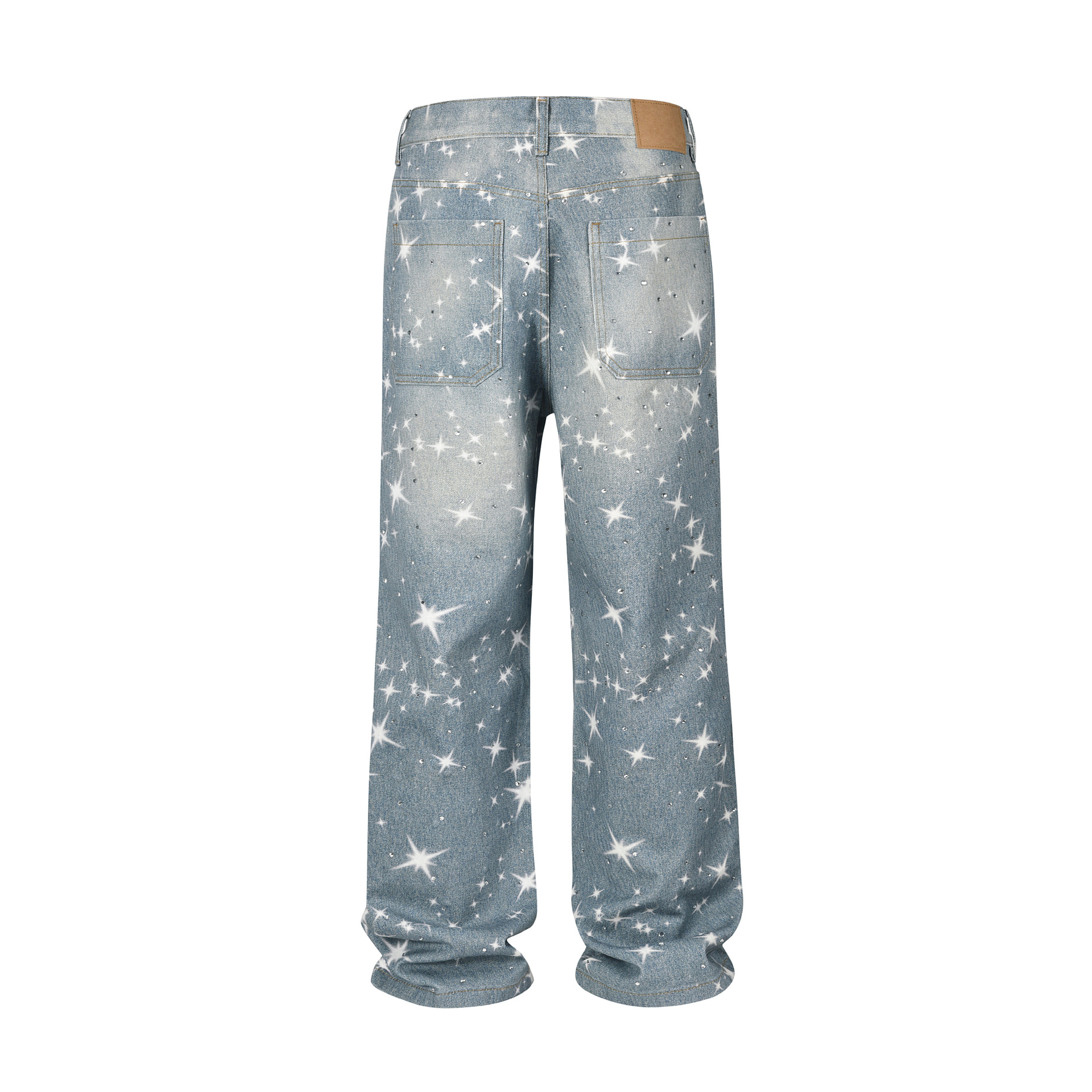 VINTAGE WASHED RHINESTONES STAR PRINT DENIM PANTS