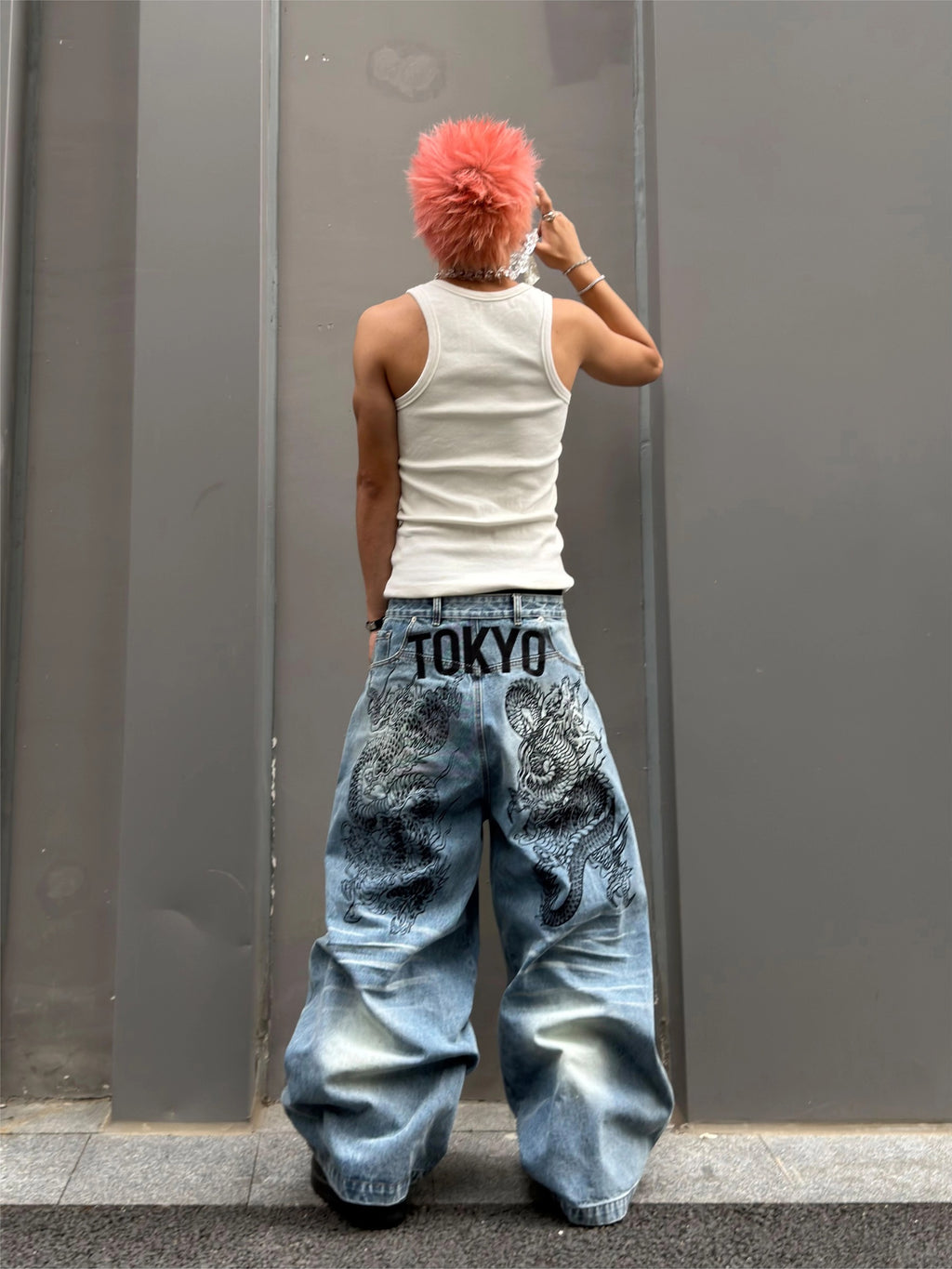 TOKYO DRAGON EMBROIDERY BAGGY DENIM