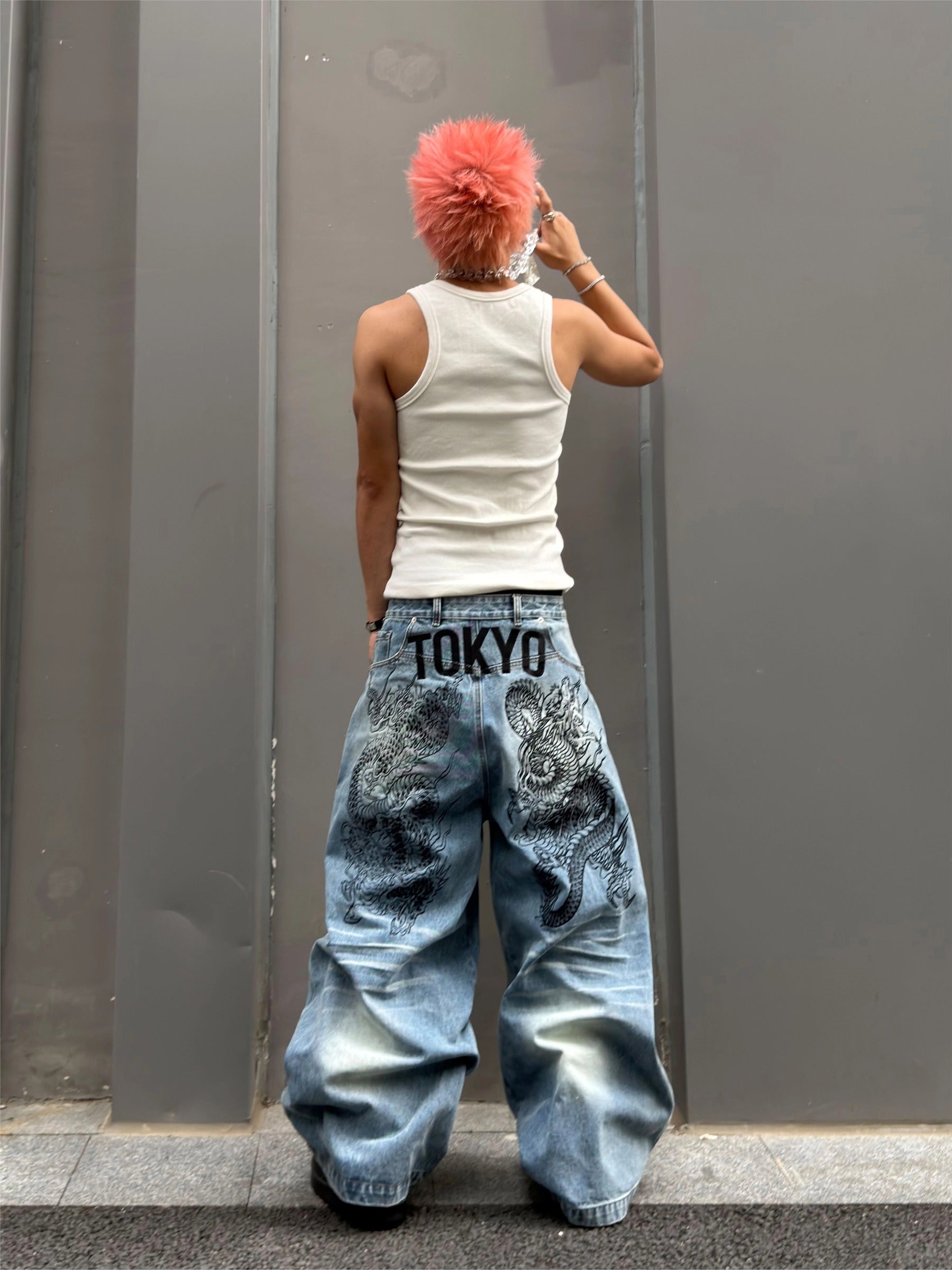 TOKYO DRAGON EMBROIDERY BAGGY DENIM