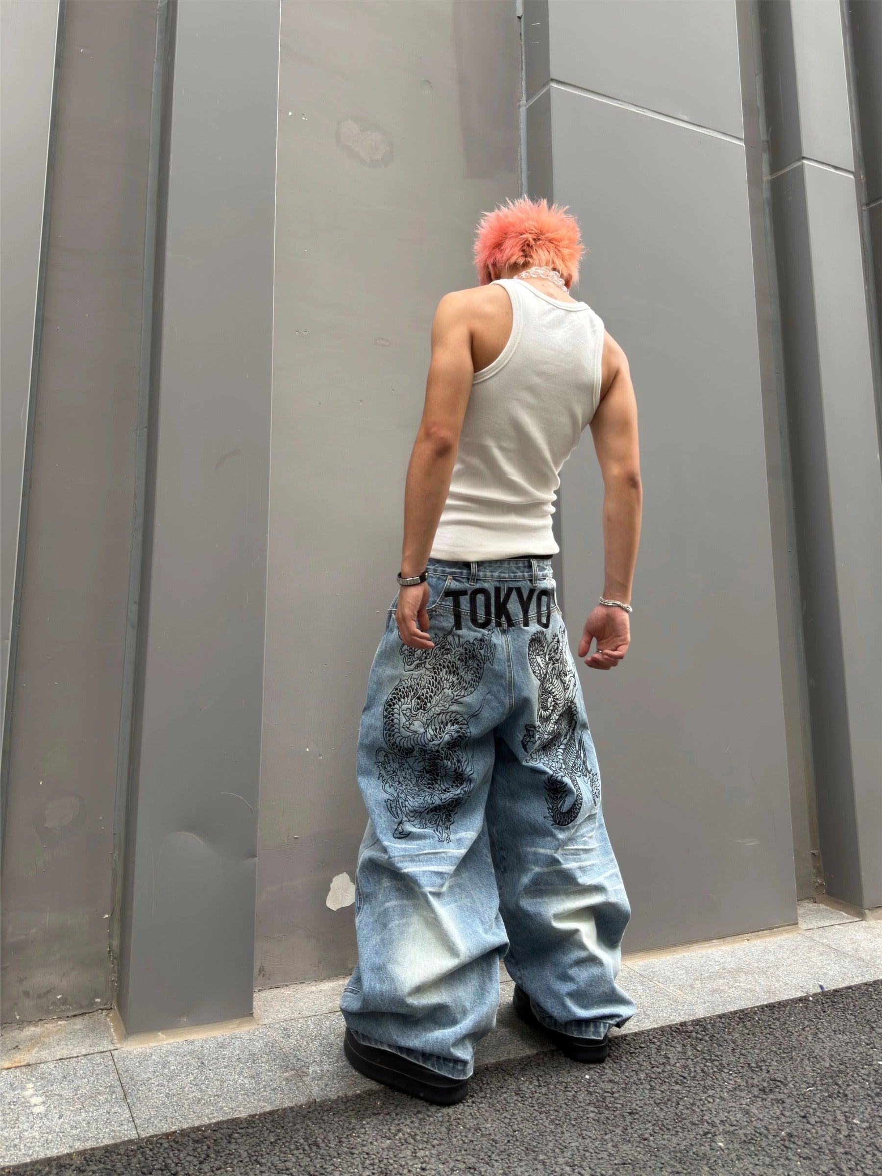 TOKYO DRAGON EMBROIDERY BAGGY DENIM