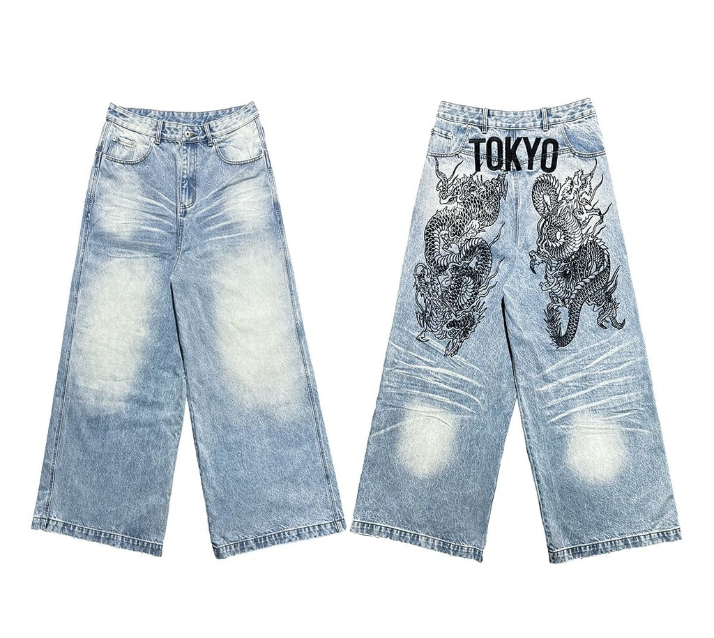 TOKYO DRAGON EMBROIDERY BAGGY DENIM