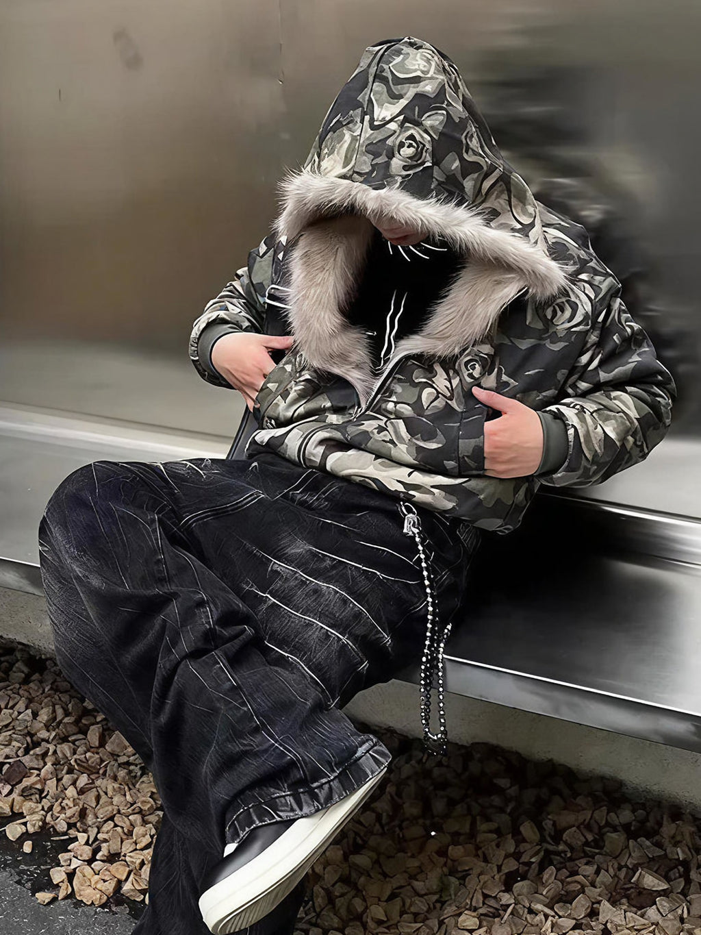 CAMO HOOD FUR JACKET