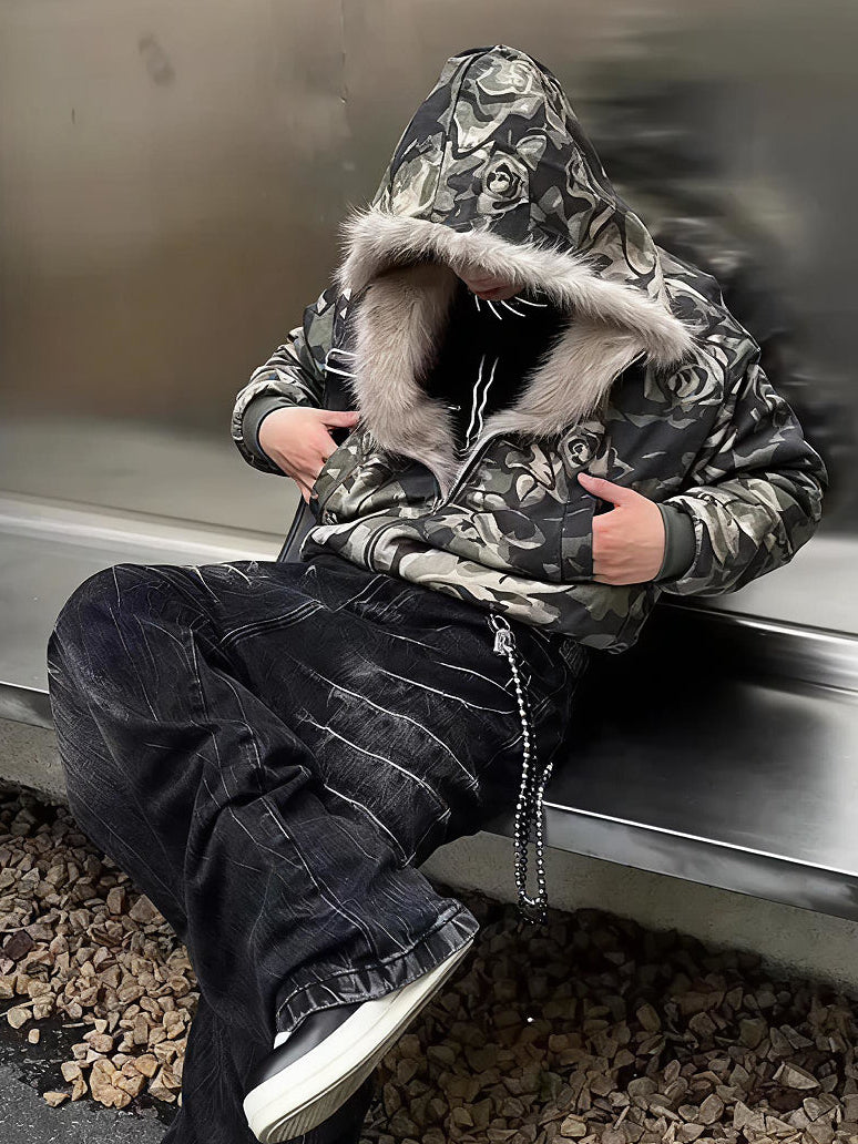 CAMO HOOD FUR JACKET