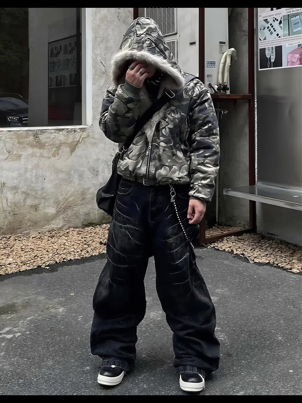 CAMO HOOD FUR JACKET