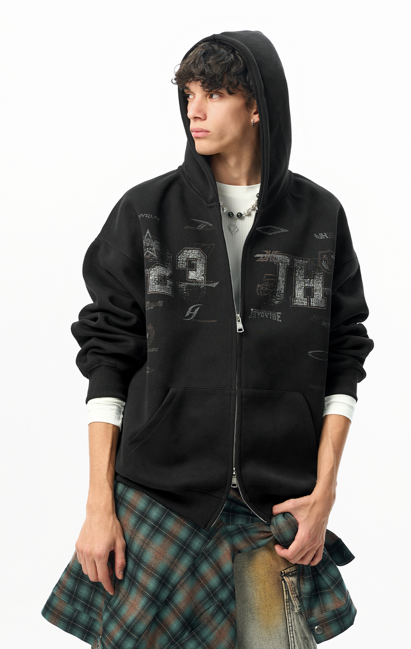 CIPHER LETTER HOODIE｜ジップパーカー グラフィック 黒 メンズ