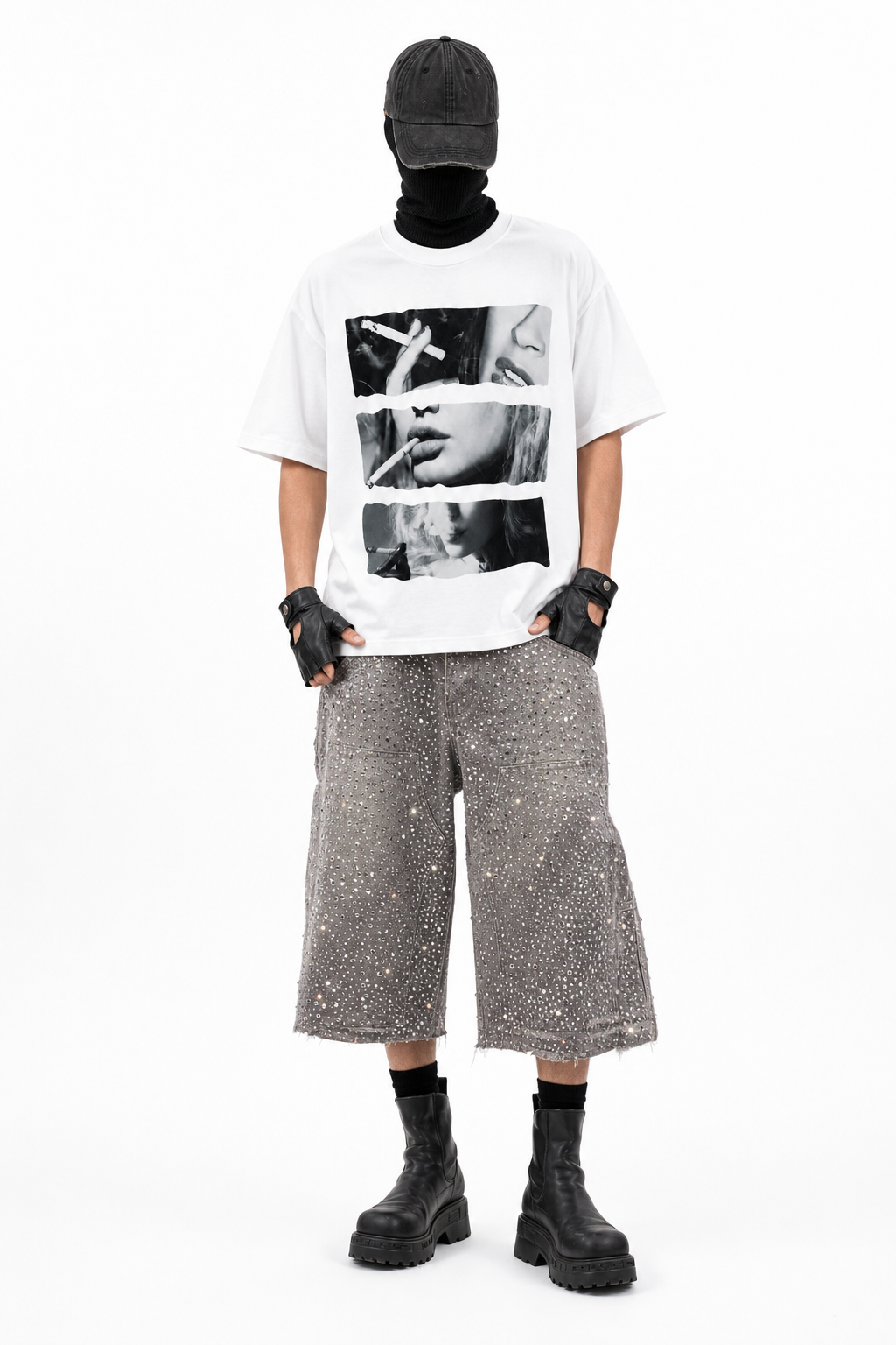MYRDANE TEE × RHINESTONES DENIM SHORTS コーディネート