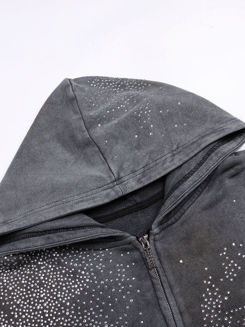 Diamond Distressed Zip-Up Hoodie