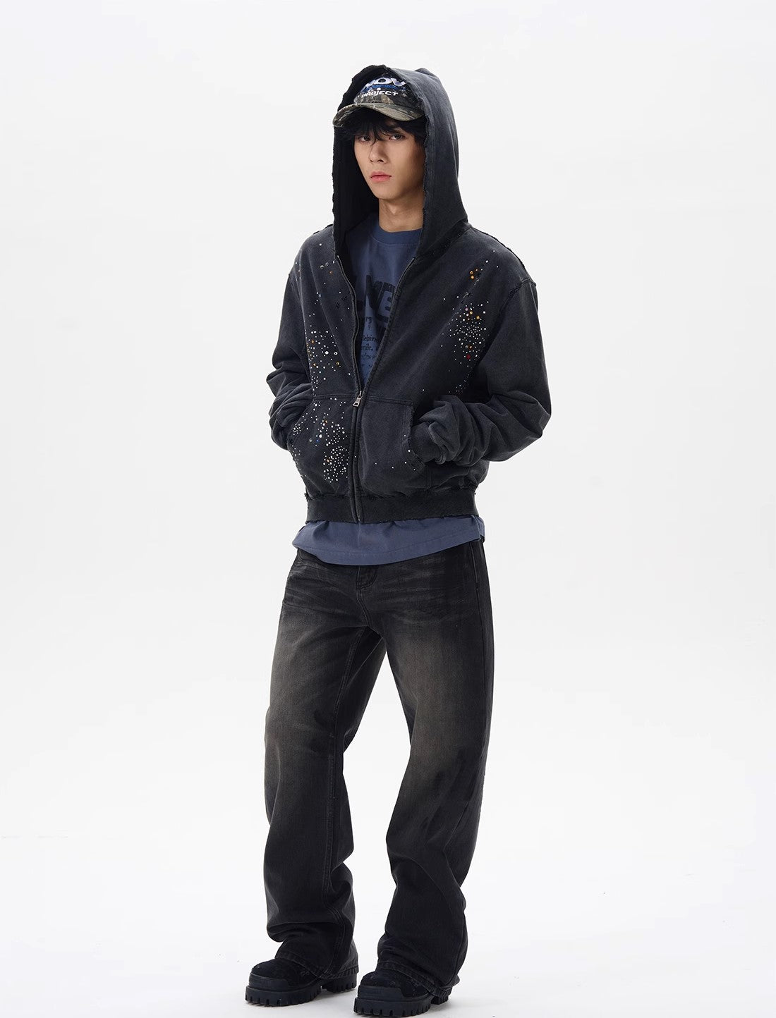 RHINESTONE DAMAGED ZIPPED HOODIE｜ラインストーンパーカー 黒 メンズ