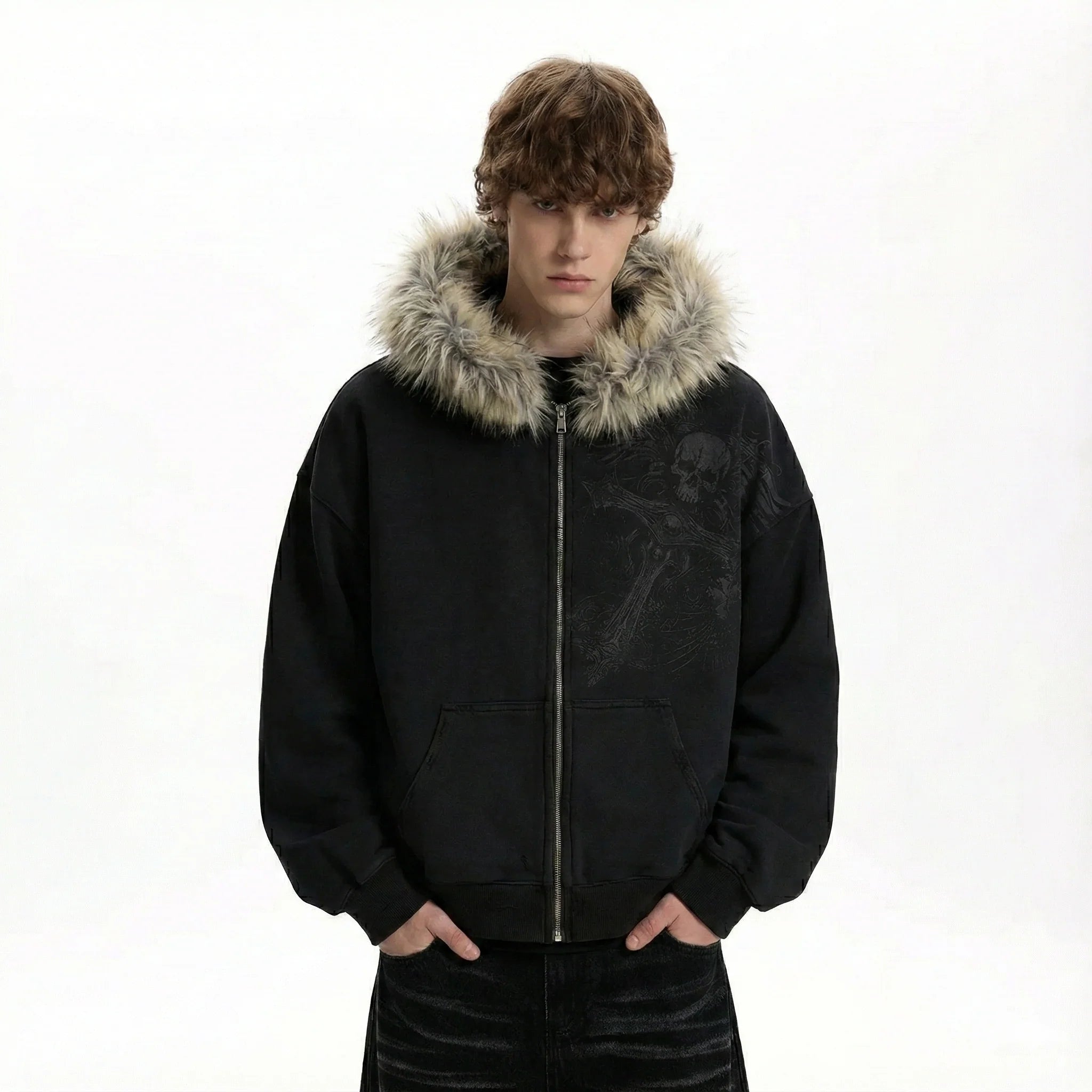 GRAPHIC FUR ZIPPED HOODIE