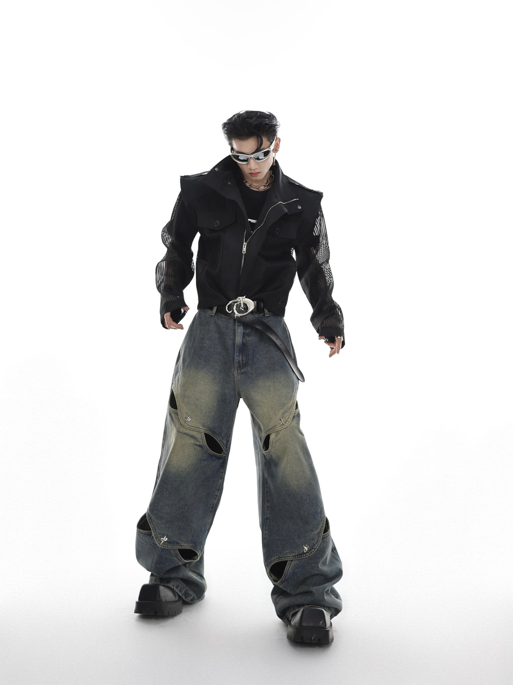 DULL WASH CROSS INFINITY DESIGN DENIM PANTS
