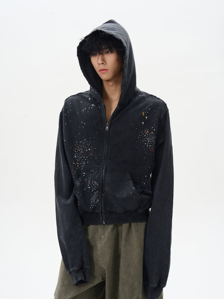 RHINESTONE DAMAGED ZIPPED HOODIE｜ラインストーンパーカー 黒 メンズ
