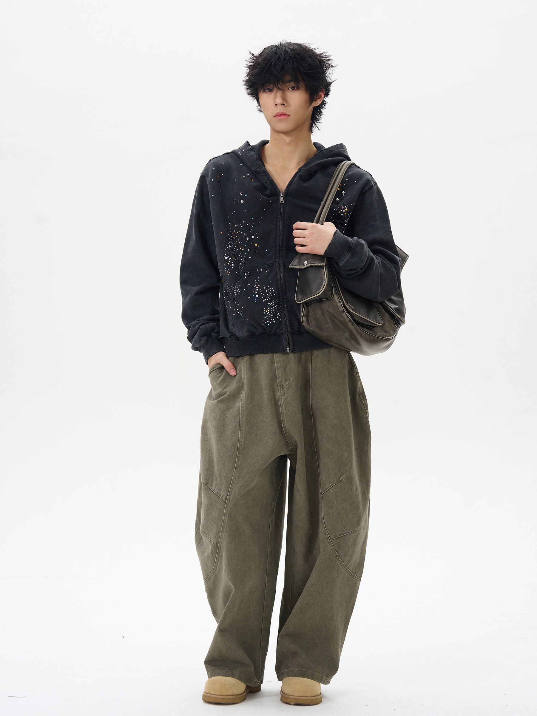 RHINESTONE DAMAGED ZIPPED HOODIE｜ラインストーンパーカー 黒 メンズ